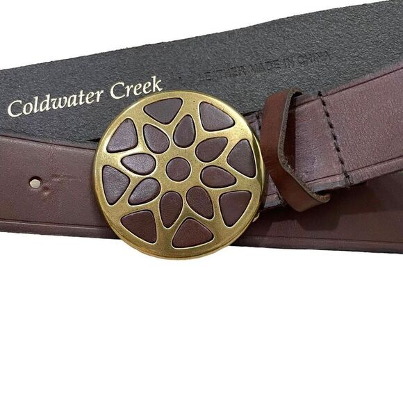 Coldwater Creek leather belt round brass tooled buckle Size L brown boho western - Picture 4 of 9